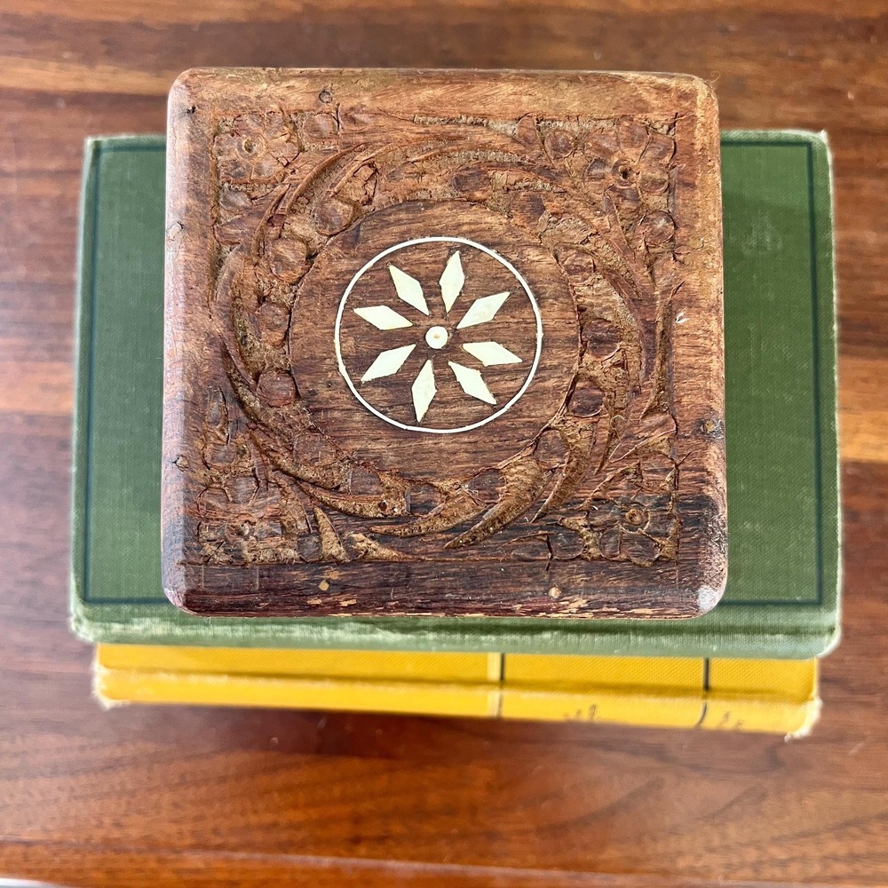 Vintage Hand Carved Wood Jewelry Box With  Inlay Floral Trinket Box Cottage Boho